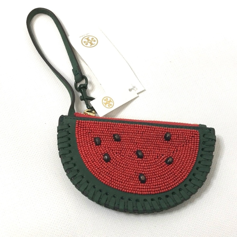 NWT Tory Burch Red and Green Beaded watermelon coin pouch fob